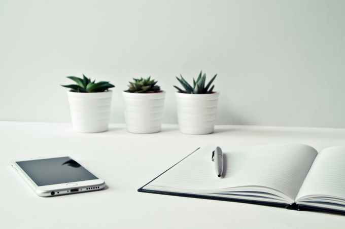 three white ceramic pots with green leaf plants near open notebook with click pen on top